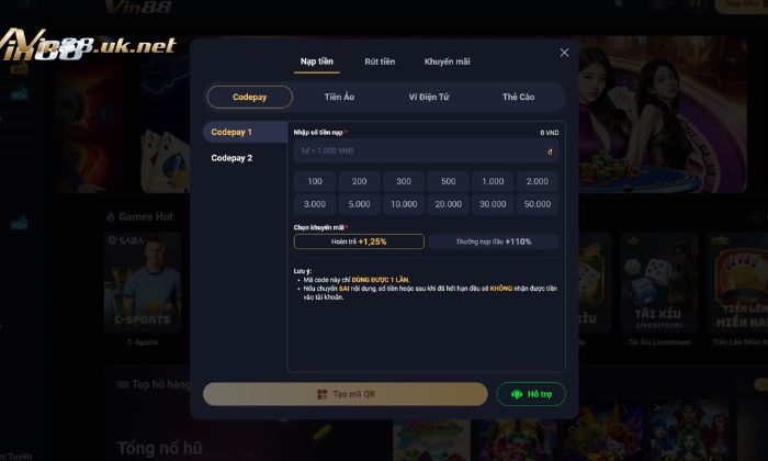 Nạp tiền Vin88 qua codepay nhanh chóng, tiện lợi