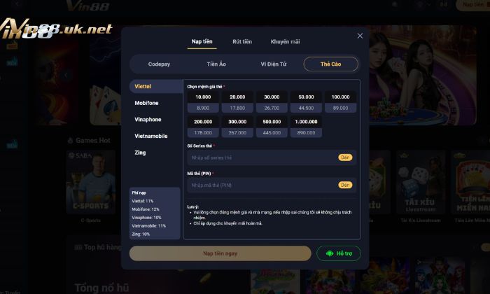 Nạp tiền qua thẻ cào tại Vin88 được nhiều người lựa chọn